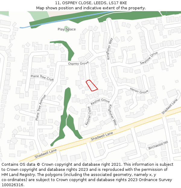 11, OSPREY CLOSE, LEEDS, LS17 8XE: Location map and indicative extent of plot