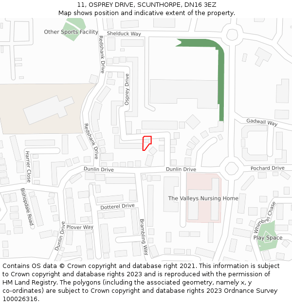 11, OSPREY DRIVE, SCUNTHORPE, DN16 3EZ: Location map and indicative extent of plot