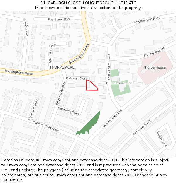 11, OXBURGH CLOSE, LOUGHBOROUGH, LE11 4TG: Location map and indicative extent of plot