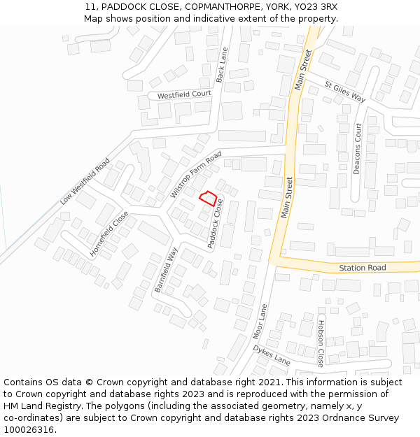 11, PADDOCK CLOSE, COPMANTHORPE, YORK, YO23 3RX: Location map and indicative extent of plot