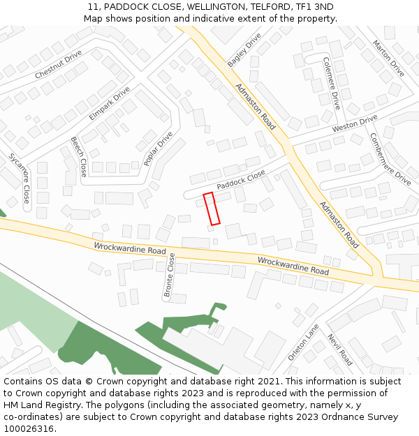 11, PADDOCK CLOSE, WELLINGTON, TELFORD, TF1 3ND: Location map and indicative extent of plot