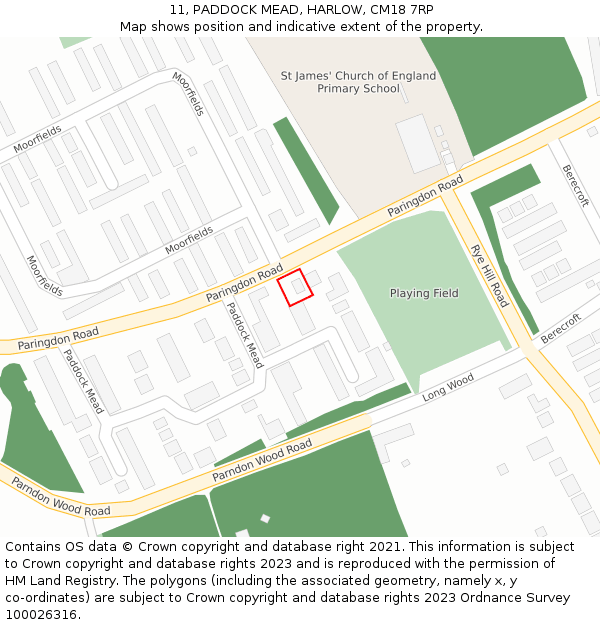 11, PADDOCK MEAD, HARLOW, CM18 7RP: Location map and indicative extent of plot