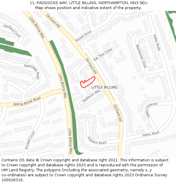 11, PADDOCKS WAY, LITTLE BILLING, NORTHAMPTON, NN3 9EU: Location map and indicative extent of plot