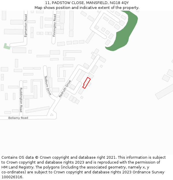 11, PADSTOW CLOSE, MANSFIELD, NG18 4QY: Location map and indicative extent of plot