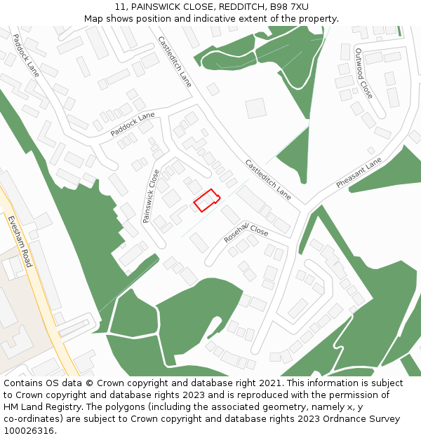 11, PAINSWICK CLOSE, REDDITCH, B98 7XU: Location map and indicative extent of plot
