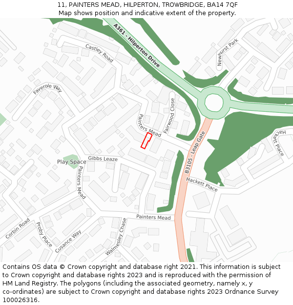 11, PAINTERS MEAD, HILPERTON, TROWBRIDGE, BA14 7QF: Location map and indicative extent of plot