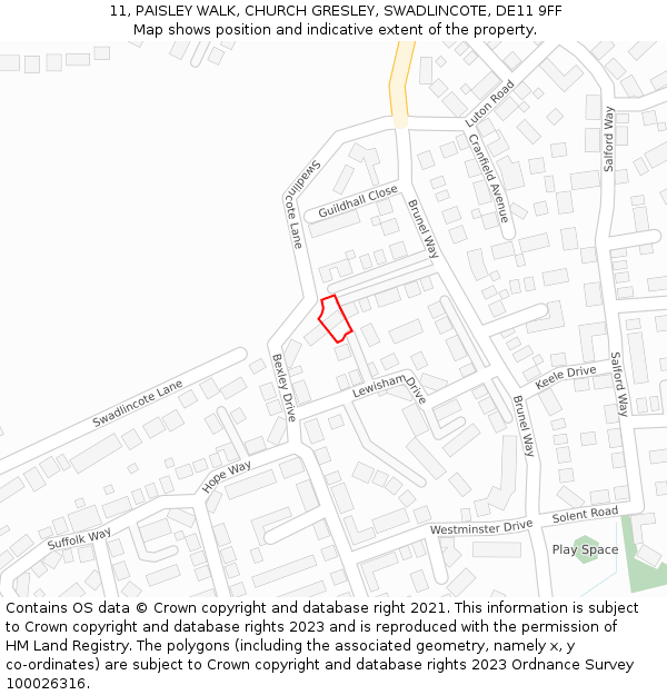 11, PAISLEY WALK, CHURCH GRESLEY, SWADLINCOTE, DE11 9FF: Location map and indicative extent of plot