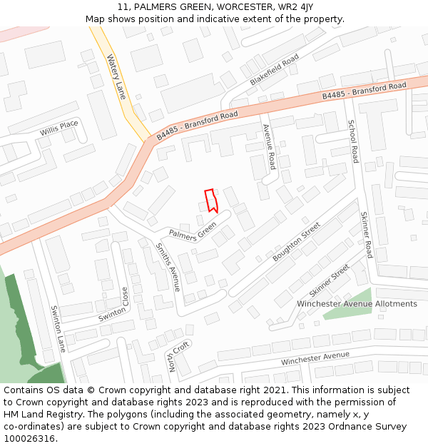 11, PALMERS GREEN, WORCESTER, WR2 4JY: Location map and indicative extent of plot