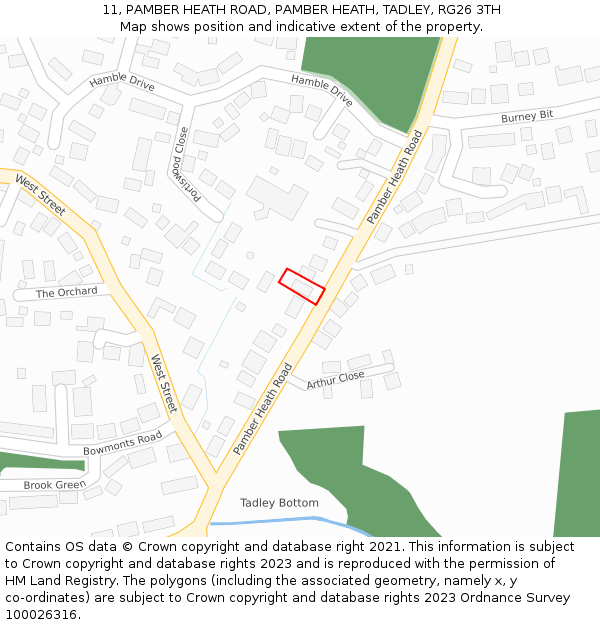 11, PAMBER HEATH ROAD, PAMBER HEATH, TADLEY, RG26 3TH: Location map and indicative extent of plot