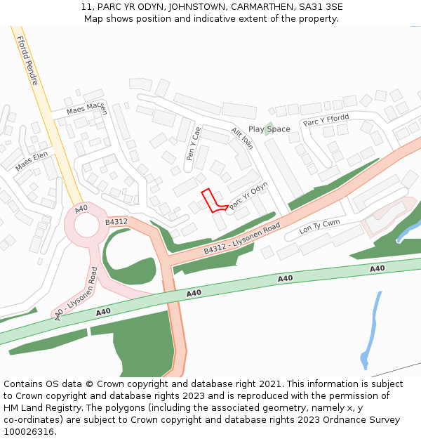 11, PARC YR ODYN, JOHNSTOWN, CARMARTHEN, SA31 3SE: Location map and indicative extent of plot