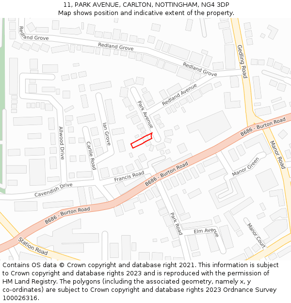 11, PARK AVENUE, CARLTON, NOTTINGHAM, NG4 3DP: Location map and indicative extent of plot