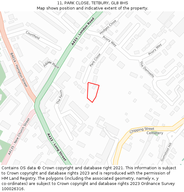 11, PARK CLOSE, TETBURY, GL8 8HS: Location map and indicative extent of plot