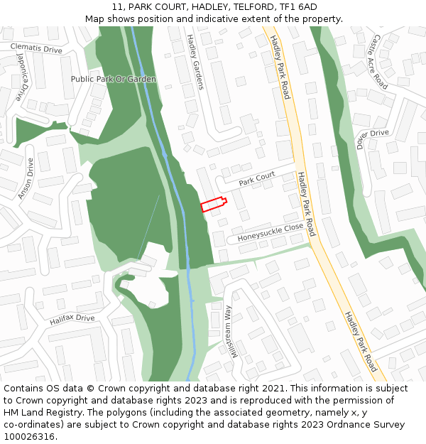 11, PARK COURT, HADLEY, TELFORD, TF1 6AD: Location map and indicative extent of plot