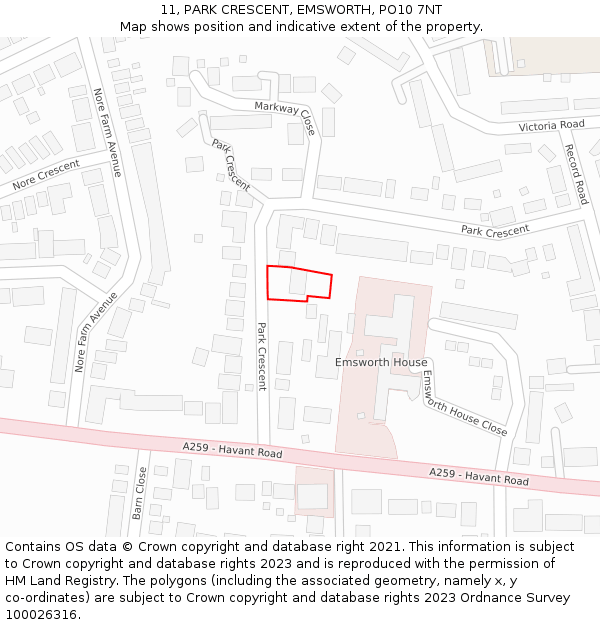 11, PARK CRESCENT, EMSWORTH, PO10 7NT: Location map and indicative extent of plot