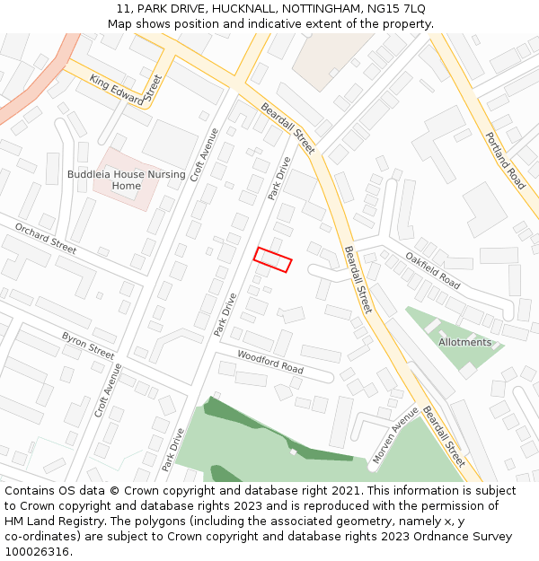 11, PARK DRIVE, HUCKNALL, NOTTINGHAM, NG15 7LQ: Location map and indicative extent of plot