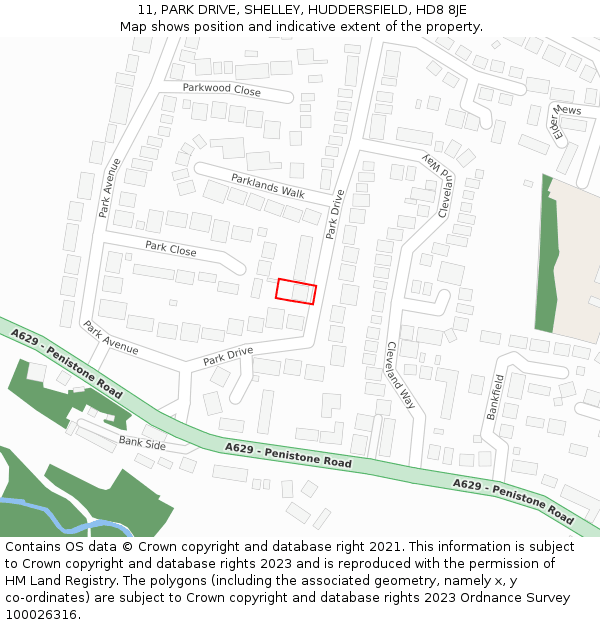 11, PARK DRIVE, SHELLEY, HUDDERSFIELD, HD8 8JE: Location map and indicative extent of plot