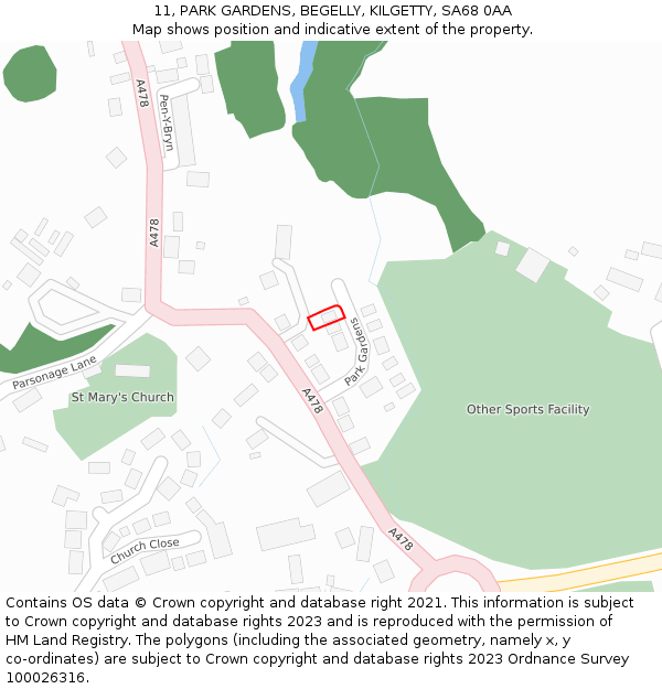 11, PARK GARDENS, BEGELLY, KILGETTY, SA68 0AA: Location map and indicative extent of plot