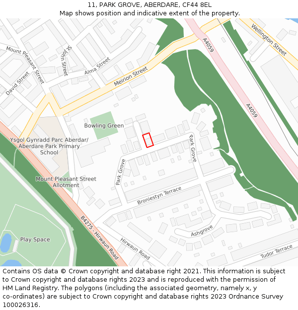 11, PARK GROVE, ABERDARE, CF44 8EL: Location map and indicative extent of plot