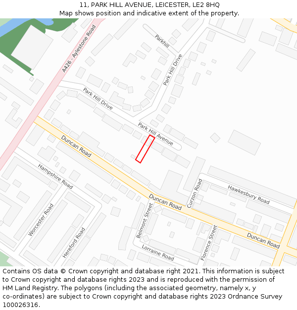 11, PARK HILL AVENUE, LEICESTER, LE2 8HQ: Location map and indicative extent of plot