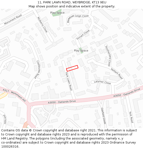 11, PARK LAWN ROAD, WEYBRIDGE, KT13 9EU: Location map and indicative extent of plot