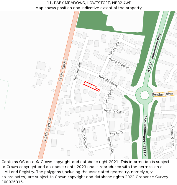 11, PARK MEADOWS, LOWESTOFT, NR32 4WP: Location map and indicative extent of plot
