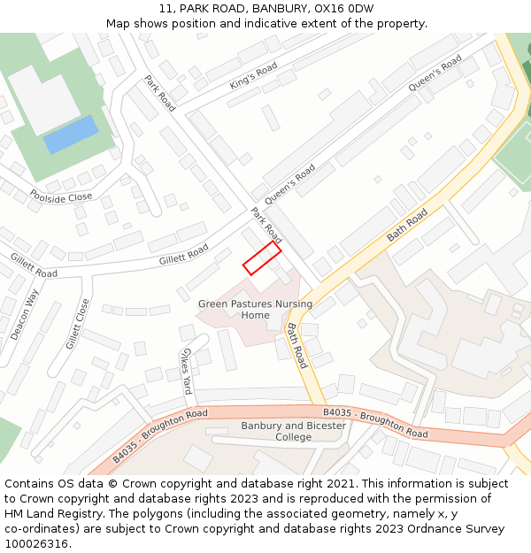 11, PARK ROAD, BANBURY, OX16 0DW: Location map and indicative extent of plot