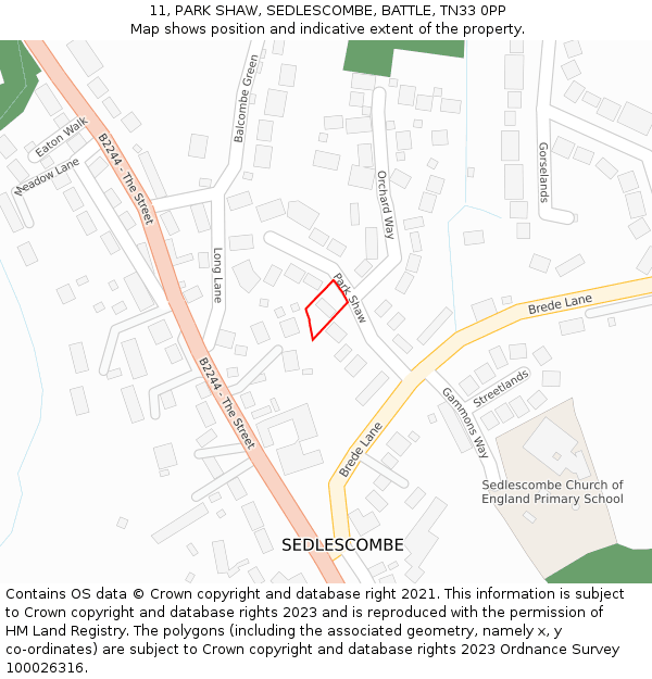 11, PARK SHAW, SEDLESCOMBE, BATTLE, TN33 0PP: Location map and indicative extent of plot