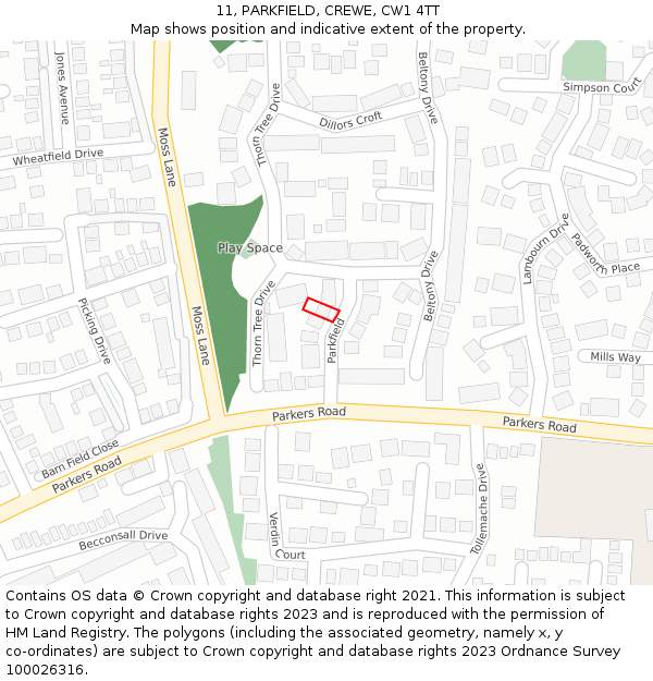 11, PARKFIELD, CREWE, CW1 4TT: Location map and indicative extent of plot