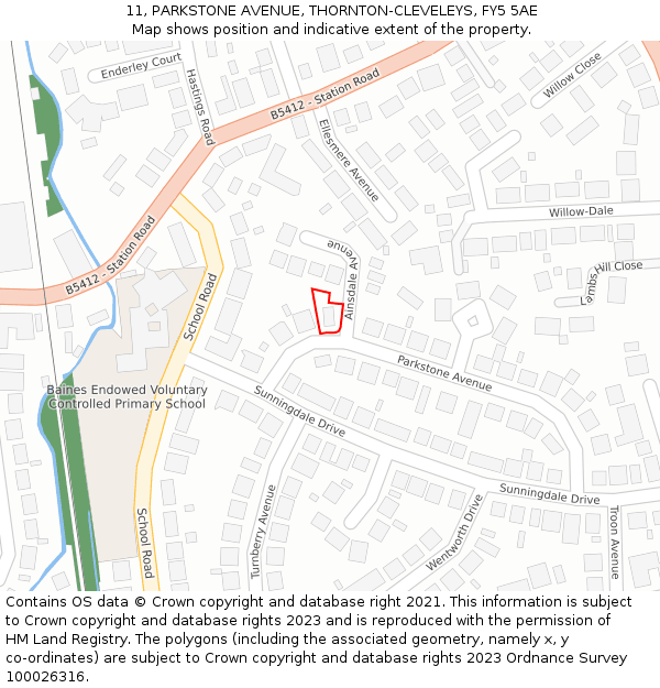 11, PARKSTONE AVENUE, THORNTON-CLEVELEYS, FY5 5AE: Location map and indicative extent of plot