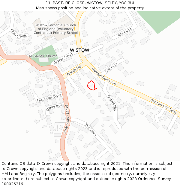 11, PASTURE CLOSE, WISTOW, SELBY, YO8 3UL: Location map and indicative extent of plot