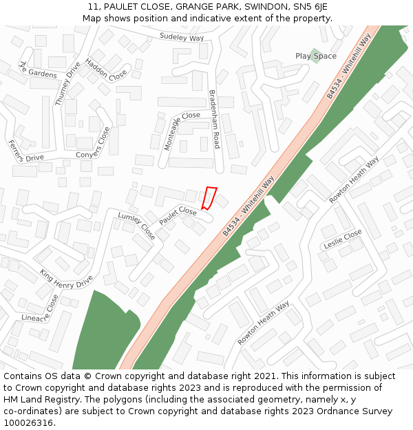 11, PAULET CLOSE, GRANGE PARK, SWINDON, SN5 6JE: Location map and indicative extent of plot