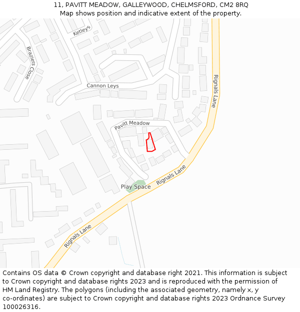 11, PAVITT MEADOW, GALLEYWOOD, CHELMSFORD, CM2 8RQ: Location map and indicative extent of plot