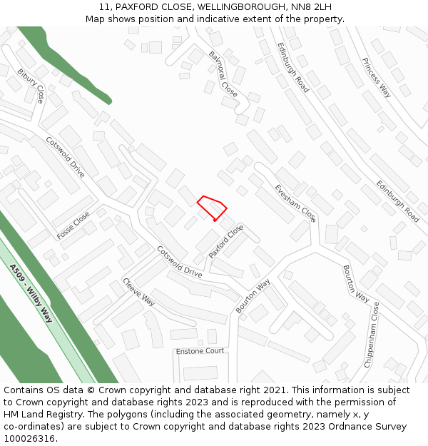 11, PAXFORD CLOSE, WELLINGBOROUGH, NN8 2LH: Location map and indicative extent of plot