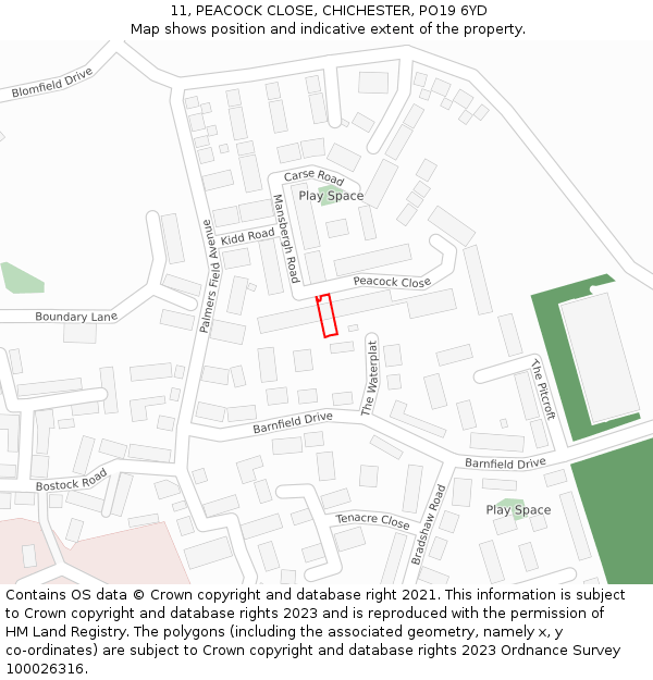 11, PEACOCK CLOSE, CHICHESTER, PO19 6YD: Location map and indicative extent of plot