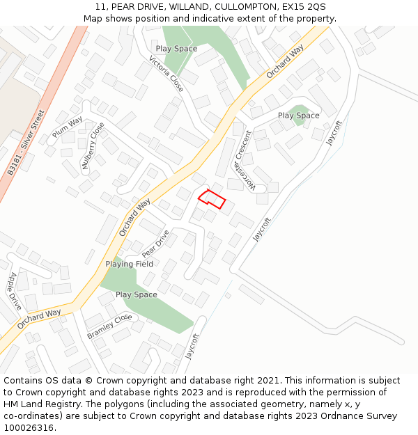 11, PEAR DRIVE, WILLAND, CULLOMPTON, EX15 2QS: Location map and indicative extent of plot