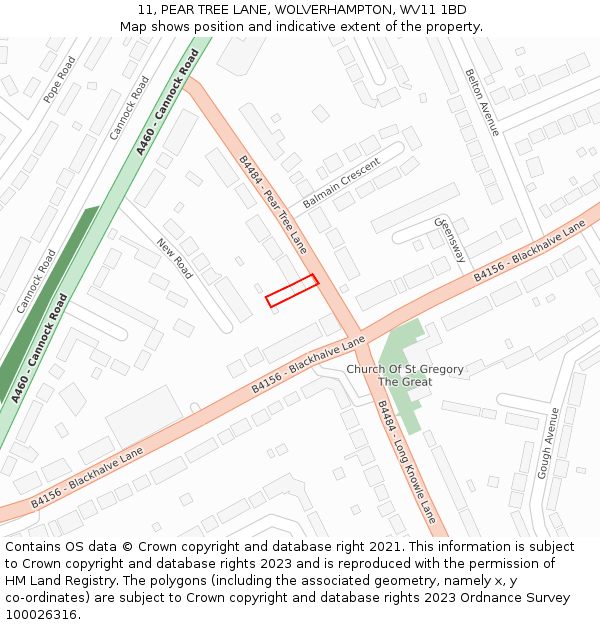 11, PEAR TREE LANE, WOLVERHAMPTON, WV11 1BD: Location map and indicative extent of plot