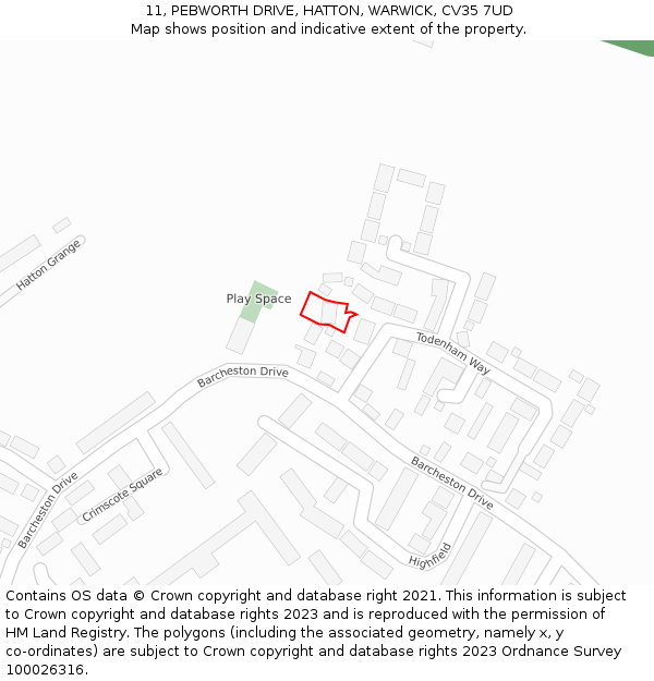 11, PEBWORTH DRIVE, HATTON, WARWICK, CV35 7UD: Location map and indicative extent of plot