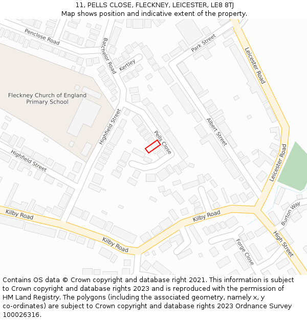 11, PELLS CLOSE, FLECKNEY, LEICESTER, LE8 8TJ: Location map and indicative extent of plot