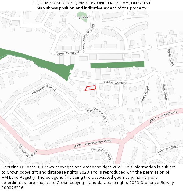 11, PEMBROKE CLOSE, AMBERSTONE, HAILSHAM, BN27 1NT: Location map and indicative extent of plot