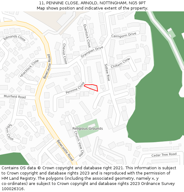 11, PENNINE CLOSE, ARNOLD, NOTTINGHAM, NG5 9PT: Location map and indicative extent of plot
