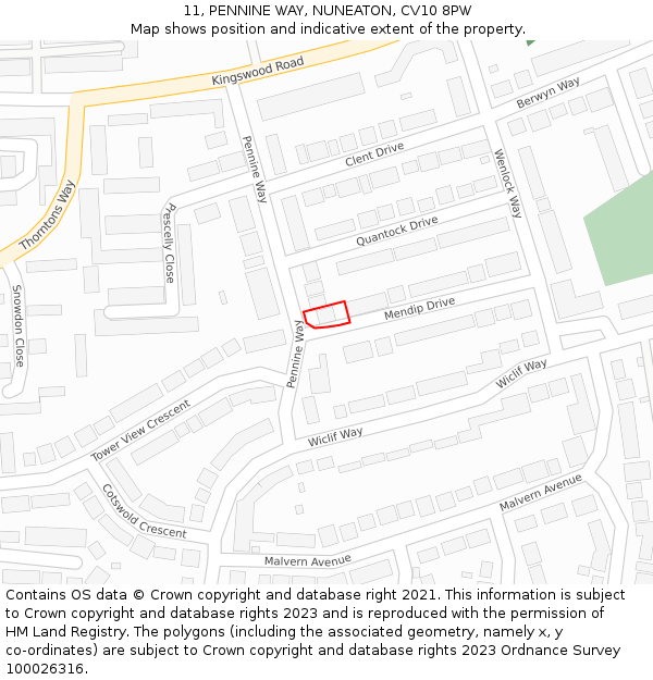 11, PENNINE WAY, NUNEATON, CV10 8PW: Location map and indicative extent of plot