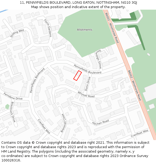 11, PENNYFIELDS BOULEVARD, LONG EATON, NOTTINGHAM, NG10 3QJ: Location map and indicative extent of plot
