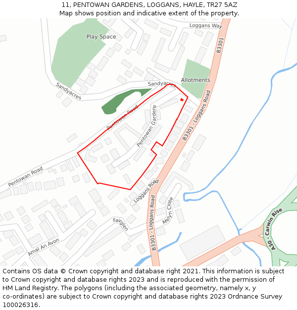 11, PENTOWAN GARDENS, LOGGANS, HAYLE, TR27 5AZ: Location map and indicative extent of plot