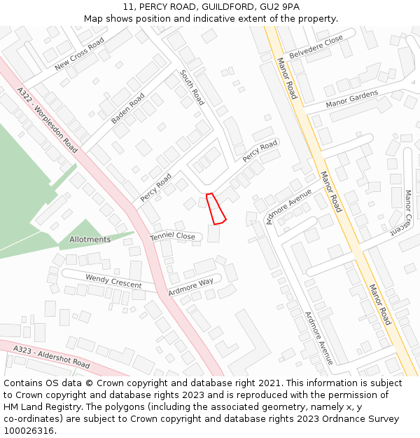 11, PERCY ROAD, GUILDFORD, GU2 9PA: Location map and indicative extent of plot