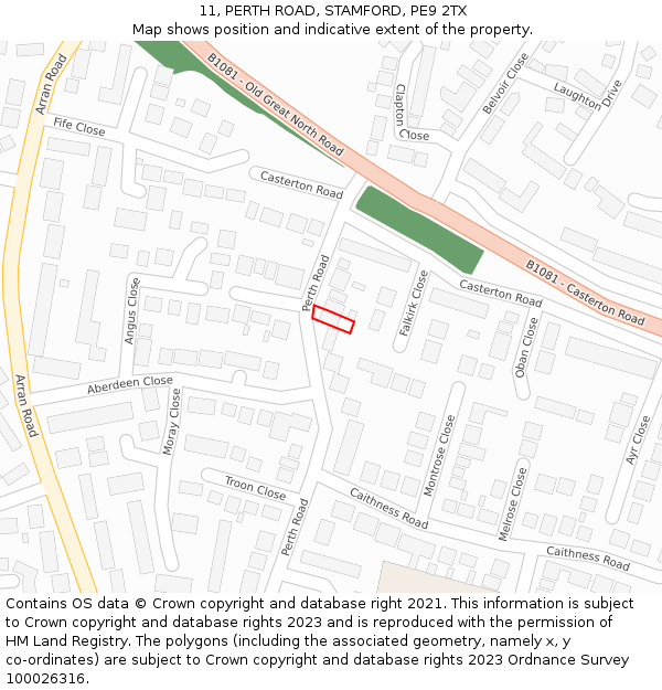 11, PERTH ROAD, STAMFORD, PE9 2TX: Location map and indicative extent of plot