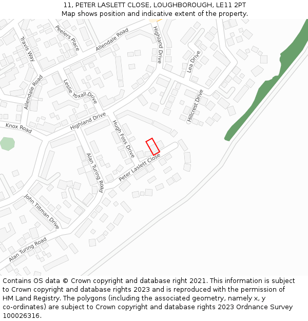 11, PETER LASLETT CLOSE, LOUGHBOROUGH, LE11 2PT: Location map and indicative extent of plot