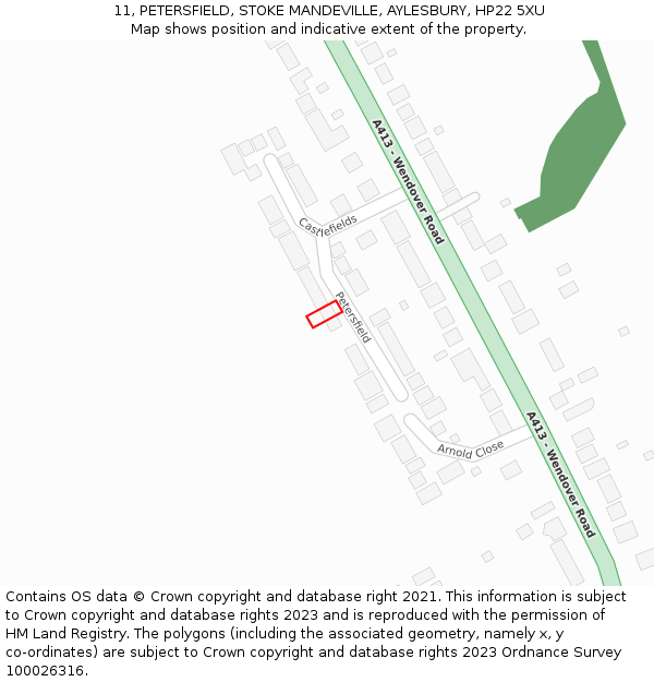 11, PETERSFIELD, STOKE MANDEVILLE, AYLESBURY, HP22 5XU: Location map and indicative extent of plot
