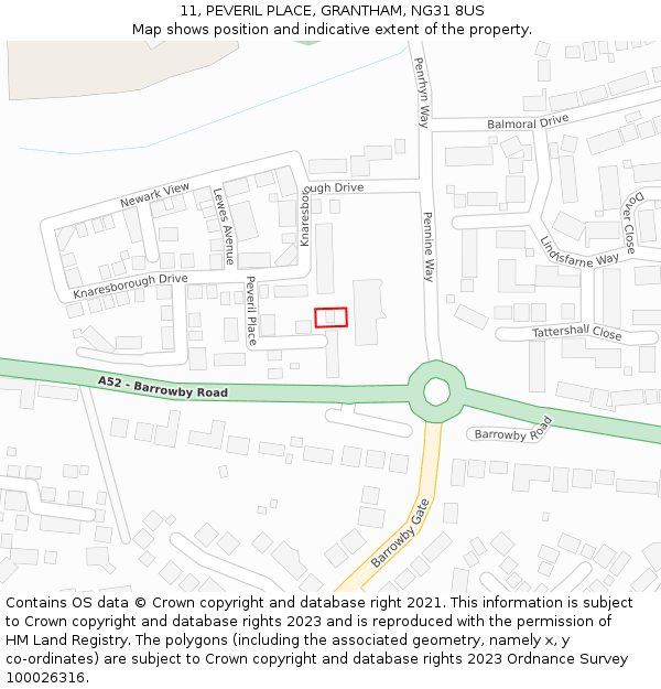 11, PEVERIL PLACE, GRANTHAM, NG31 8US: Location map and indicative extent of plot
