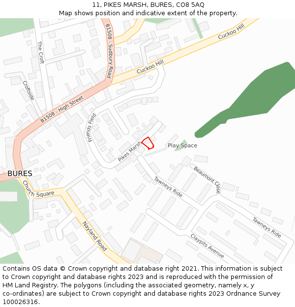11, PIKES MARSH, BURES, CO8 5AQ: Location map and indicative extent of plot