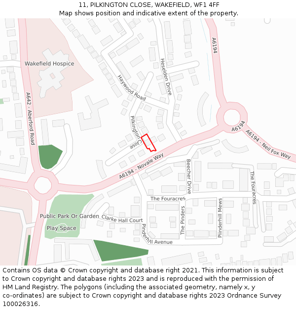 11, PILKINGTON CLOSE, WAKEFIELD, WF1 4FF: Location map and indicative extent of plot